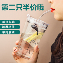 Heat-resistant glass cup with lid cute scale straw water cup female household childrens milk breakfast cup drink milk tea cup