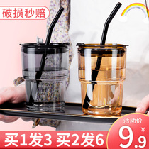 Glass straw cup female ins wind drinking water cups Home Advanced feel high face value with cover portable milk coffee cup