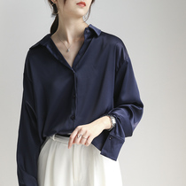 Spring 2022 New satin temperament vintage vintage port Wind real silk blue shirt woman long sleeve blouse Korean version loose