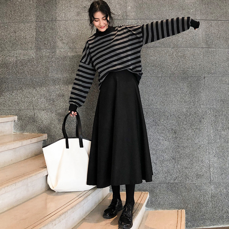 Black high-waisted thin woolen half-length skirt women's A-line large swing woolen mid-length skirt winter 2020 new