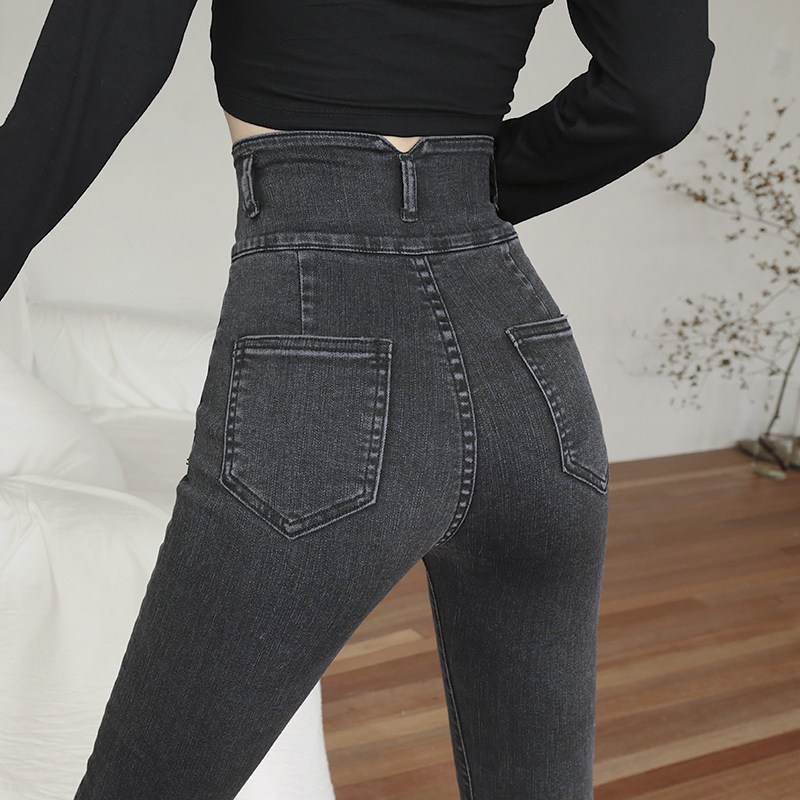 Smoke gray high waist jeans women's slim fit and thin feet tight trousers autumn and winter 2022 new style plus velvet thickening
