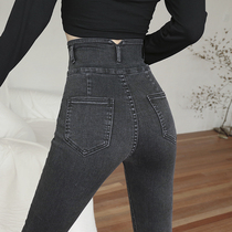 Cigarette Ash Color High Waist Jeans Woman Slim Fit Slim Fit Slim Fit Slim Fit Pants Autumn Winter 2022 New Gush Thicken