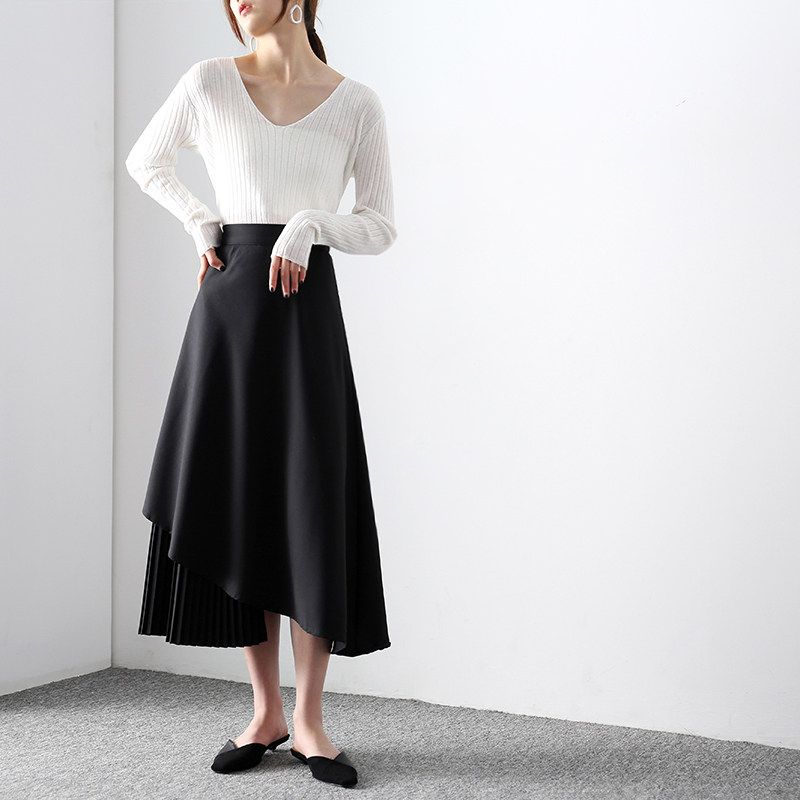 Black skirt 2020 summer new women's A-line irregular French retro Hong Kong style high waist mid-length skirt