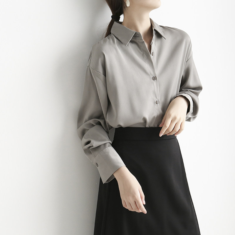 Casual chic polo collar retro Hong Kong style chic shirt women's satin drape loose and thin professional top