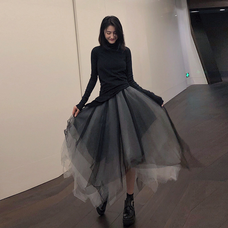 Autumn 2022 new design sense retro high waist a-line irregular mesh skirt women's mid-length skirt