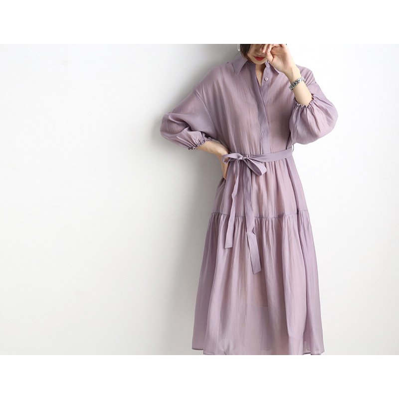 Lavender shirt-style dress with waist design sense of niche light familiar style 2020 summer mid-length skirt