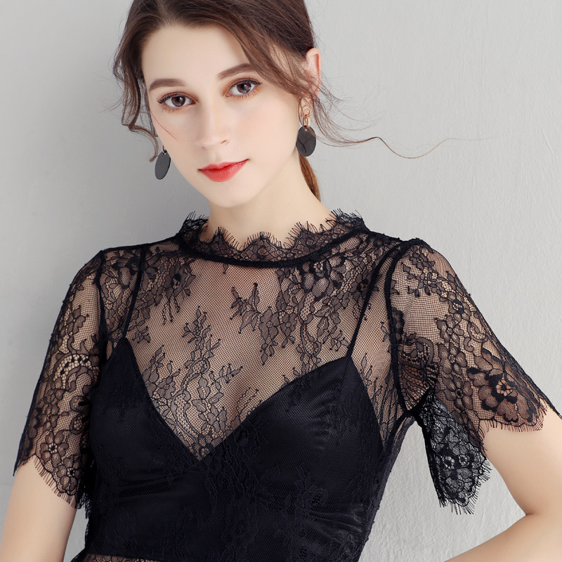 Black Transparent Lace Base Shirt for Women, Short-Sleeved, Thin, Stylish, Hollow-Out, European Style, See-Through Mesh Inner Top