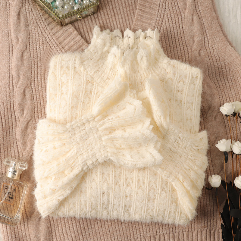 High-Neck Brushed Fleece Lace Base Shirt for Women, Autumn and Winter 2026 New Sweater for Layering, Warm and Stylish Top