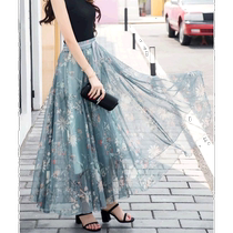 (Direct Mail from Japan) Floral Chiffon Long Flared Skirt 4 Blue Gray Long Skirt