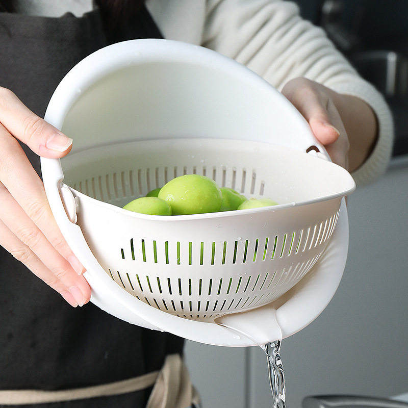 Japanese kitchen storage contains multi-functional double layer rotating asphalt basket fruit washing basket plastic