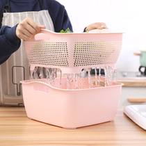 Double-layer thickened vegetable washing basin drain basket Plastic large bowl holder household water leakage two-piece dormitory storage and washing fruit