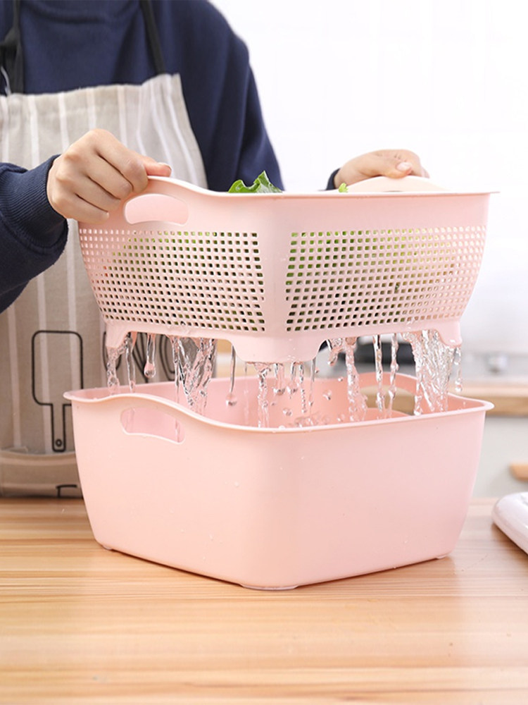 Double thickened vegetable washing basin drain basket Plastic large bowl rack household water leakage two-piece set dormitory storage washing fruit