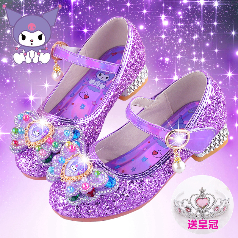 Purple Kuromi Princess Shoes Girls' High Heels Spring and Autumn Style Kidsren's Soft-Soled Flats Crystal Shoes Little Girls' Leather Shoes
