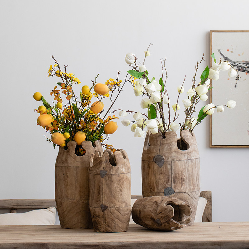 Retro wood-vase dry flower decoration pendulum with flower arrangement light extravagant solid wood creative home extremely simple log floral 