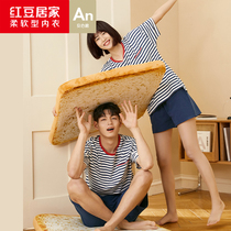 Couple Cotton Short Sleeve Pyjamas Lady Striped Round Collar Sleeve Head Suit Red Bean Home Conserved Men Summer Thin