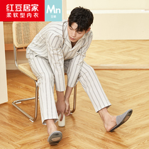 Pure Cotton Mens Sleeping Suit Spring Autumn Red Bean Home Loose Casual Streaks Long Sleeves Extras Full Cotton Home Clothing