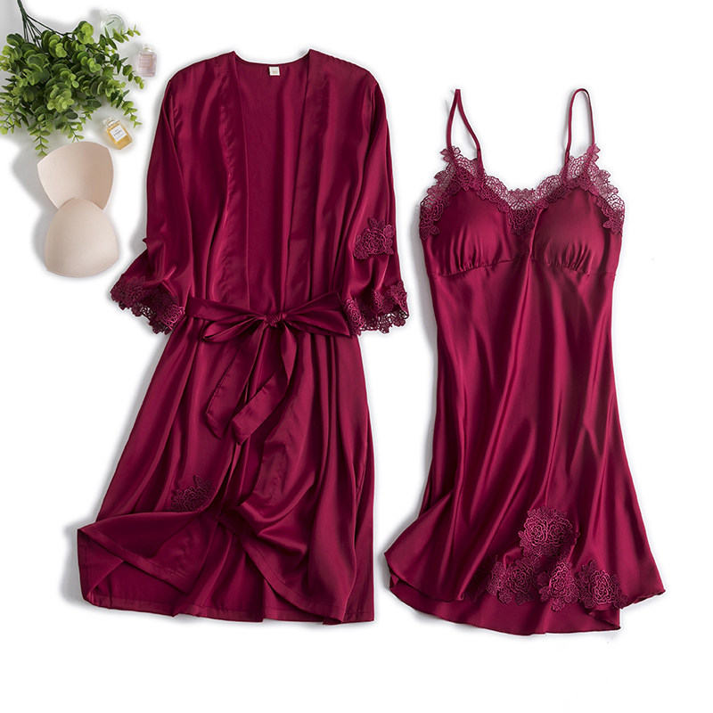 To Nana pyjamas ladies spring and autumn thin ice silk harnesses sleeping skirts sleeping robes Two sets with chest cushion bride morning gown red