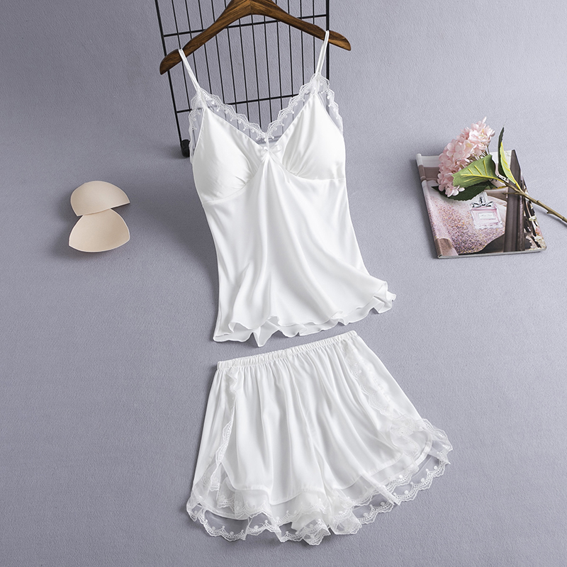 Lace-Up Shorts, Light and Sexy Sleepwear Two-Piece Set for Women, Thin Summer Style with Chest Pads, White and Red Nightgown, Ice Silk Lace-Up Shorts, Light and Sexy Sleepwear Two-Piece Set for Women, Thin Summer Style with Chest Pads, White and Red Nightgown, Ice Silk