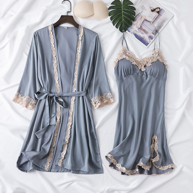 Harness Sleeping Dress Lady Spring And Autumn Thin with chest cushion can be worn out of sleeping robe Two sets of home Seductive sexier seductive