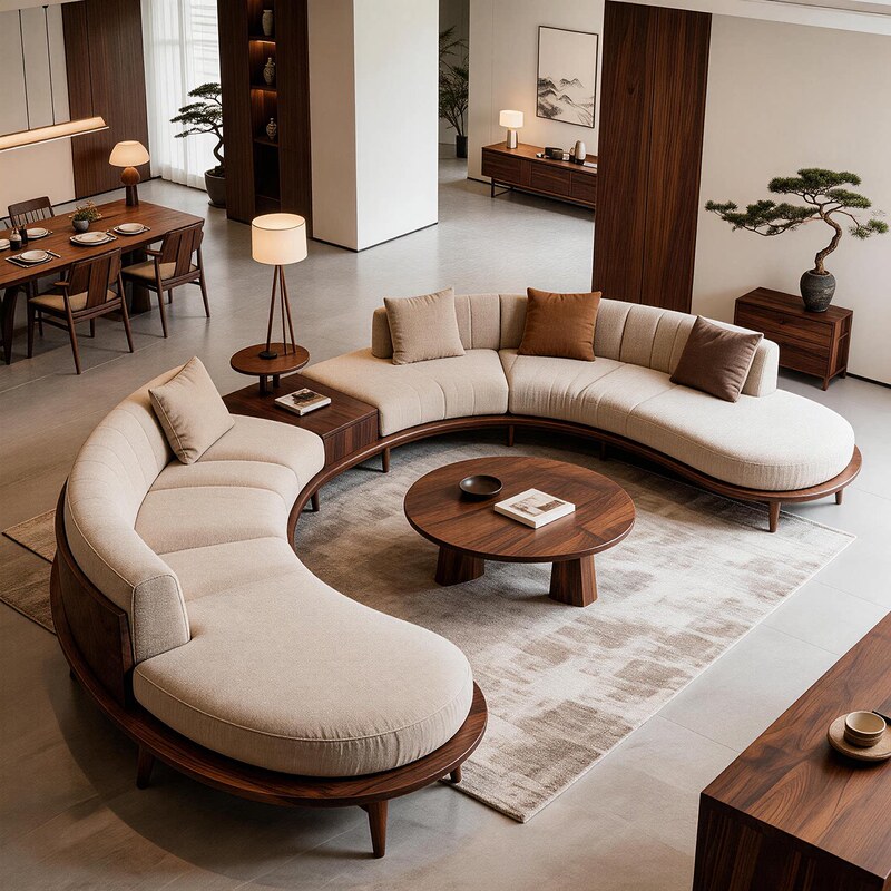 Song Dynasty Aesthetics, New Chinese Style, North American Black Walnut Sofa, Simple Modern Villa, Luxury House, Large Flat Floor Semi-Circular Sofa Song Dynasty Aesthetics, New Chinese Style, North American Black Walnut Sofa, Simple Modern Villa, Luxury House, Large Flat Floor Semi-Circular Sofa