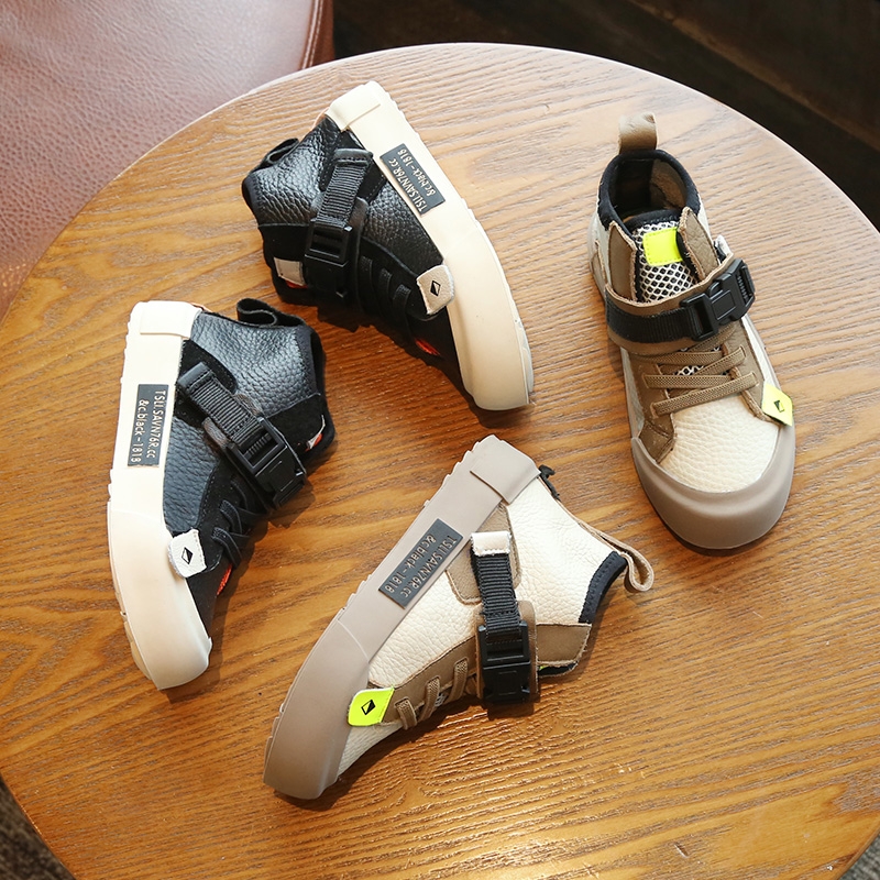 Children's cowhide 2021 new autumn girls high tube Korean edition boys shoes breathable soft bottom casual shoes