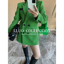 Clearance pick-up custom designer 80 sheep wool ~ green double-breasted blazer Womens Foreign style jacket