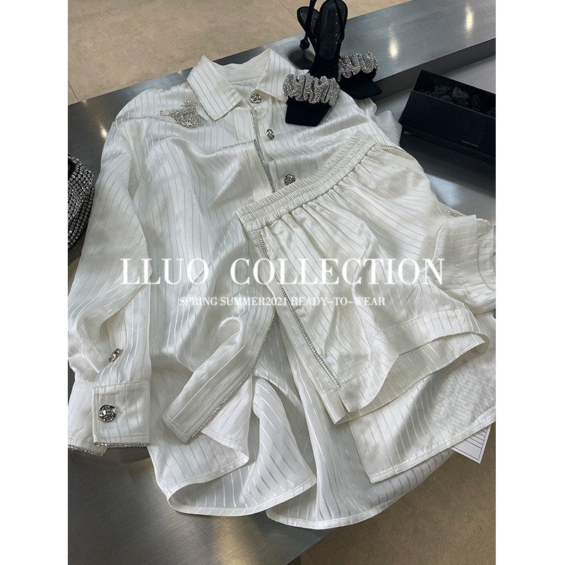 Clearance pick-up and leak heavy self-retained 100のtencel striped suit ladies coat top high waist short pants