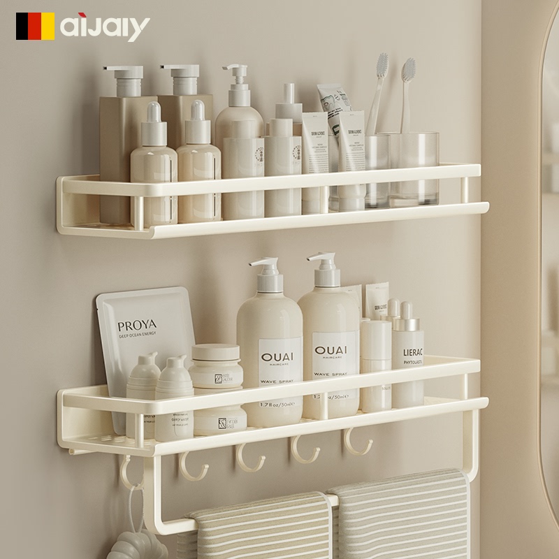 Cream-Colored Bathroom Storage Rack, No-Drill Wall-Mounted Shelf for Bathroom and Toilet, White Washbasin and Shower Room Organizer