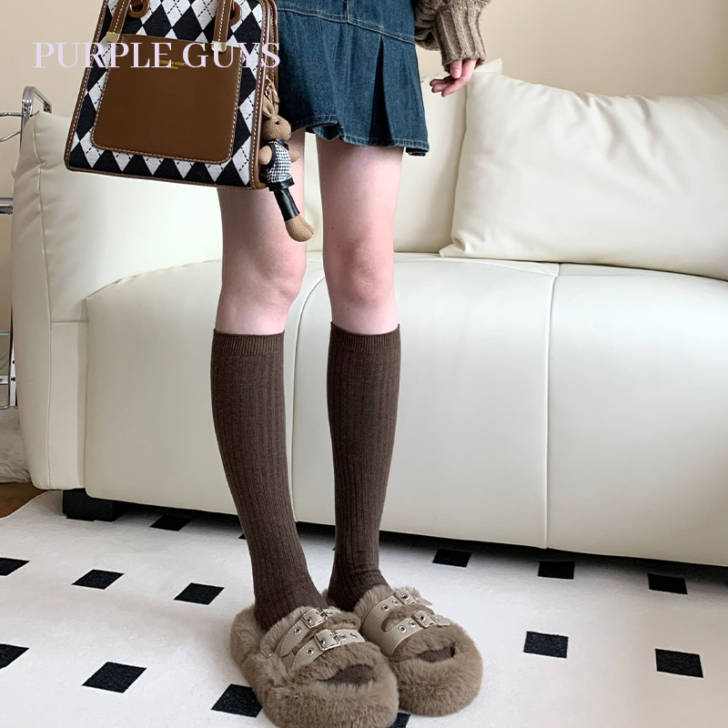 Purple Guys Vertical Striped Double-Needle Long Socks for Women, Autumn and Winter, Slimming Coffee Brown, Japanese Style Jk Pure Cotton Calf Socks