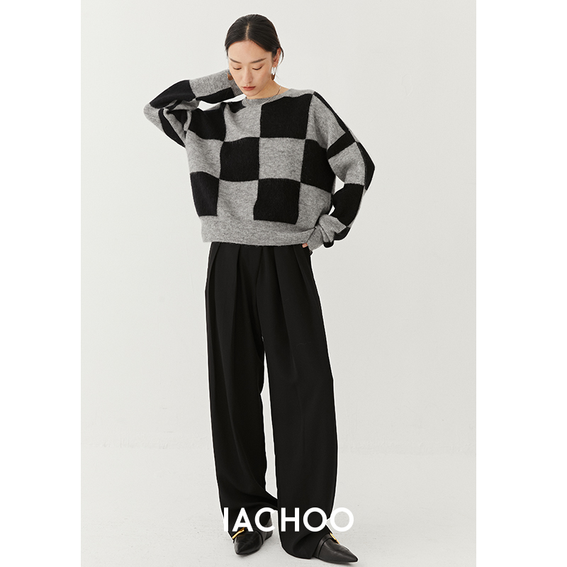 IACHOO 2022 spring new checkerboard mohair wool pullover loose design sweater minimalist