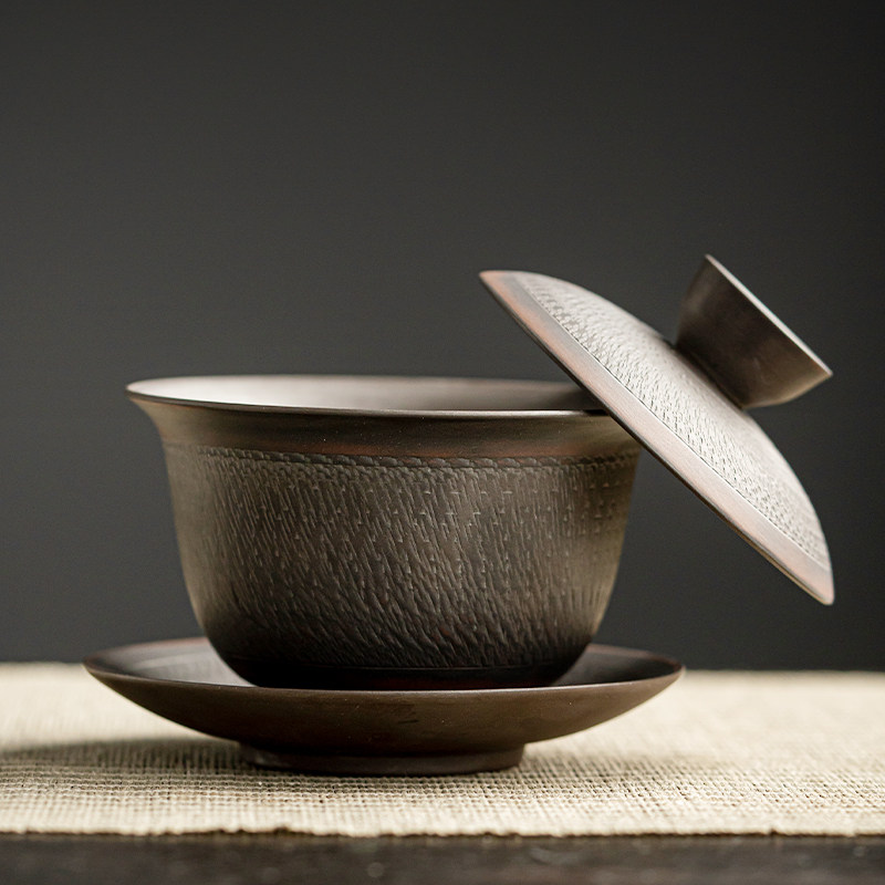 Purple Pottery Hover Floating Cover Bowl 3-only Kung fu tea Tea With Tea Bowl single home upscale with cover cup Ceramic Goat Grease Jade-Taobao