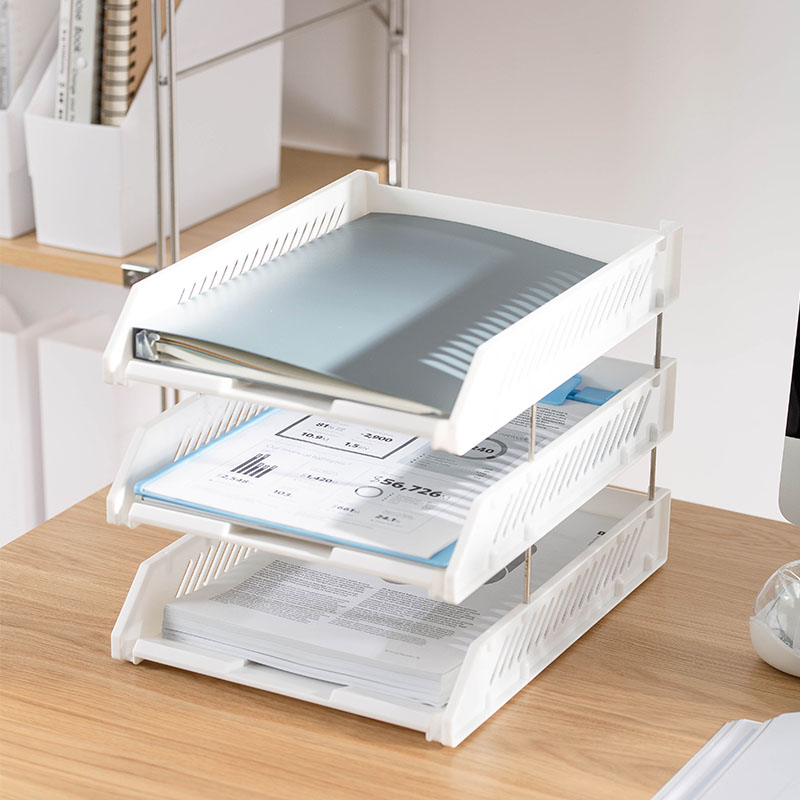 White Office Desktop Multi-Level Document Shelf Three-Storey Information Shelf Desk Storage Bookshelf Shelf Archive Data Folder Storage Box File Seat File Tray File Box Office Supplies