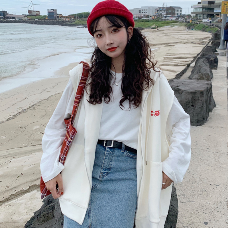 2019 Hàn Quốc rơi mới ulzzang loose-fitting tay letterhood-clad vest triều áo khoác phụ nữ