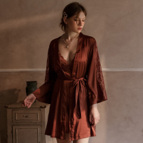 Sexy pajamas womens summer thin ice silk robe morning robe bathrobe lace suspender nightgown two-piece appeal temptation