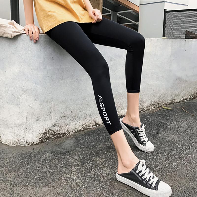 Quick-drying underwear women's summer outer wear ice silk thin letters tight-fitting eight-point yoga exercise large size nine-point pants tide