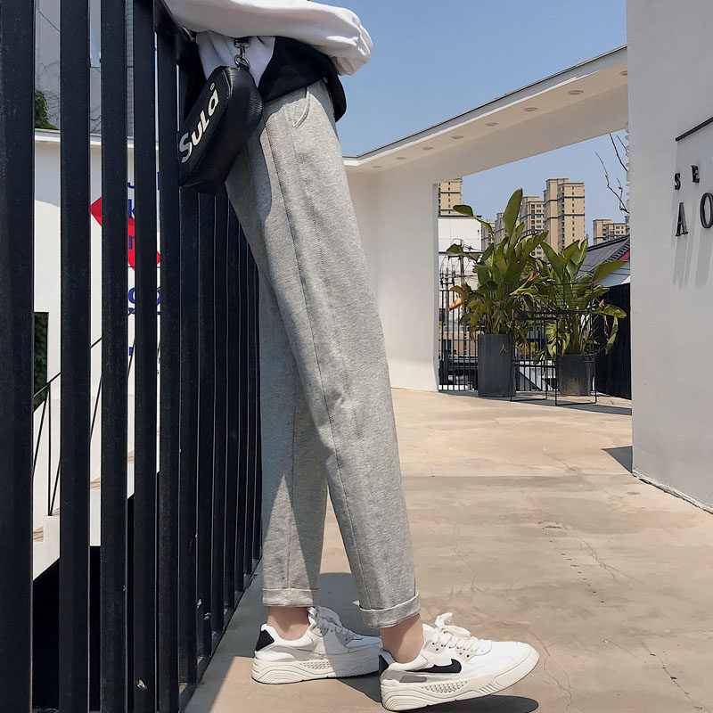 Gray sweaters female spring and autumn thin tight high waist loose nine points Harlan straight tube slim and casual pants