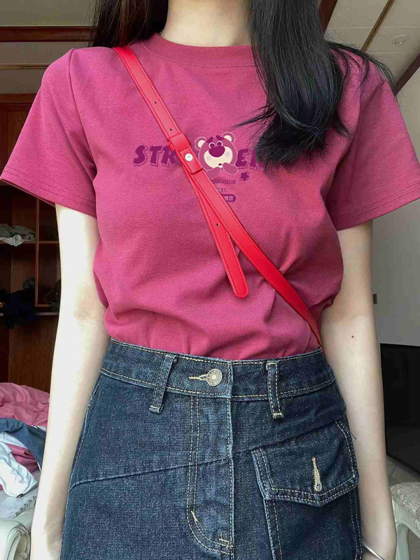 Dragon Fruit Color T-Shirt for Women, Regular Shoulder, Short Sleeves, 2023 New Design, Niche Trendy Brand, American Retro Style, Slimming Top