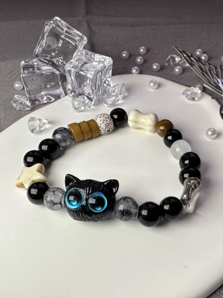Cheese Black Sesame Kitten Bracelet Shell Star Black and White Tone Cute Niche Design Couple Women's Bracelet Men's Trendy
