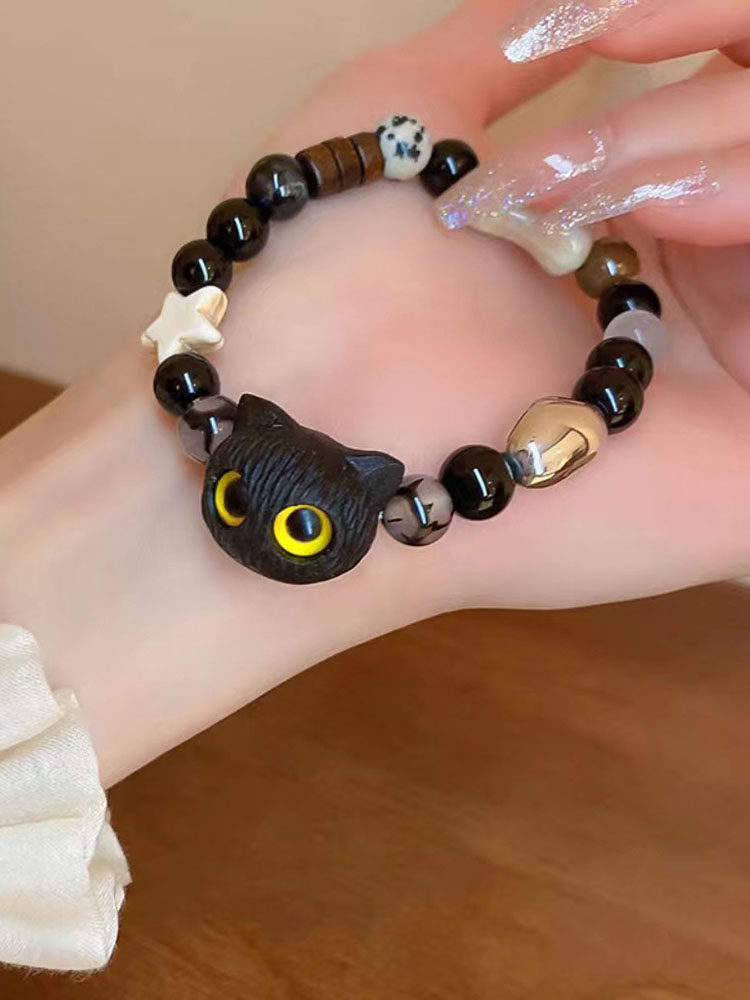 Cheese Black Sesame Kitten Bracelet Shell Star Black and White Tone Cute Niche Design Couple Women's Bracelet Men's Trendy