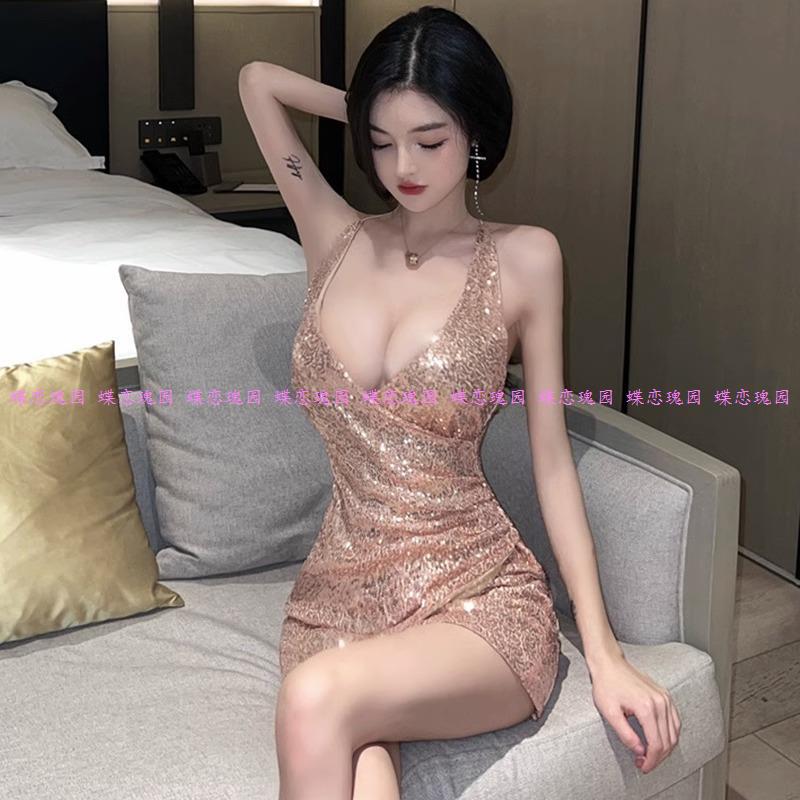 Summer Internet Celebrity Sexy Hot Girl Nightclub Sequin Strapless Party Dress Low-Cut V-Neck Irregular Bodycon Dress