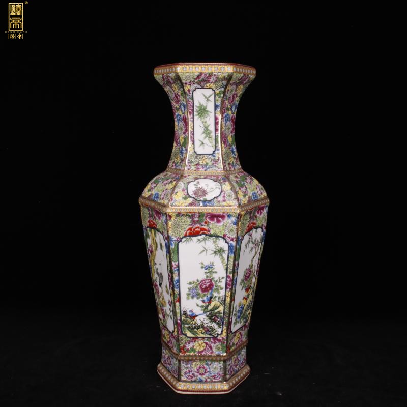 Jingdezhen six - party colored enamel vase imitation qianlong paint painting of flowers and new Chinese style living room decoration antique antique furnishing articles