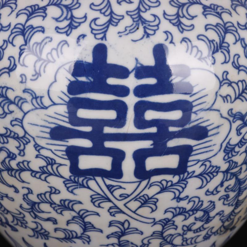 The Qing qianlong happy character lines design blue and white tie up branches applique antique porcelain household of Chinese style furnishing articles old goods collection process