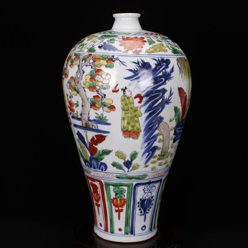 Jingdezhen antique antique imitation yuan mei bottle pure hand draw colorful characters ancient ceramic decoration old items collection