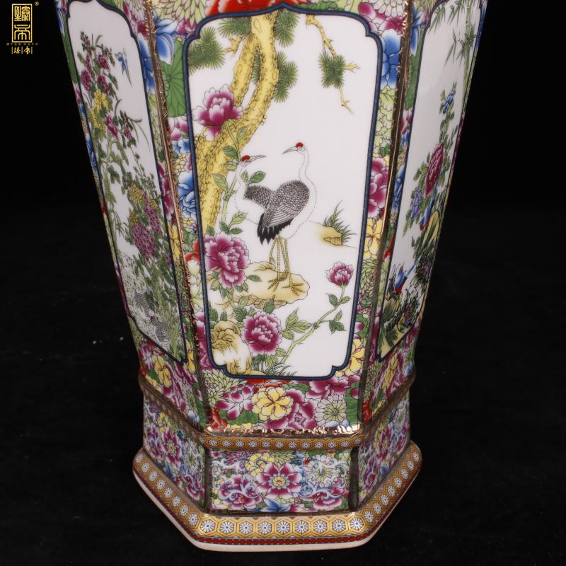 Jingdezhen six - party colored enamel vase imitation qianlong paint painting of flowers and new Chinese style living room decoration antique antique furnishing articles