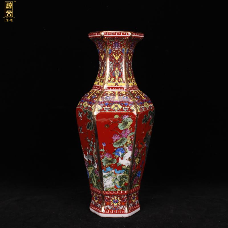 Jingdezhen imitation qianlong six - party colored enamel vase of new Chinese style red to birds and flowers sitting room adornment antique antique furnishing articles