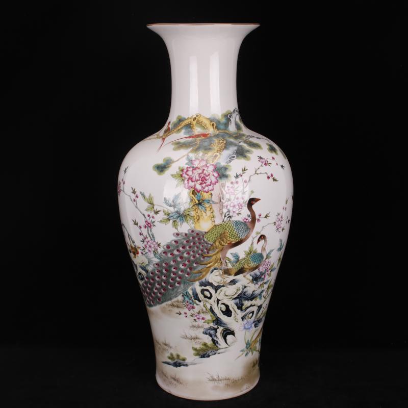 Jingdezhen big vase pastel prosperous peacock goddess of mercy bottle sitting room of Chinese style household decoration shop furnishing articles company