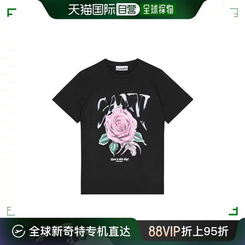 Европейская прямая рассылка Ganni, женская черная роза с принтом, повседневная футболка с круглым вырезом и короткими рукавами