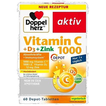 European direct mail german double heart doppelherz vitamin c1000+ vitamin d3+ zinc tablets 60 tablets to enhance immunity