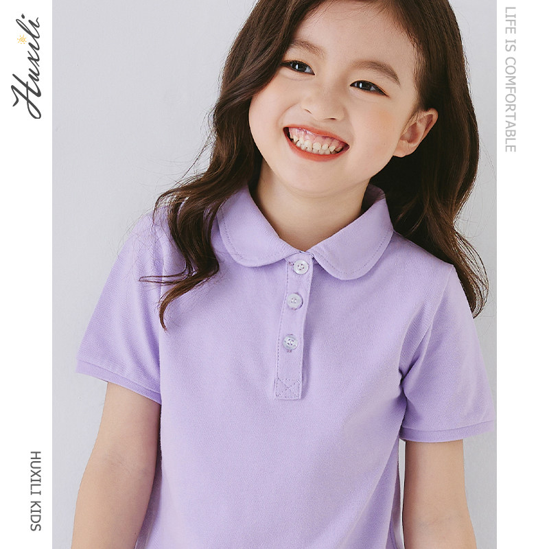 Huxili solid color simple basic girls polo shirt short-sleeved children's summer lapel T-shirt doll collar top