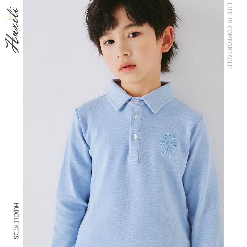 Boys polo shirt children's long-sleeved T-shirt lapel spring and autumn pure cotton middle and big children's top white collar bottoming shirt thick